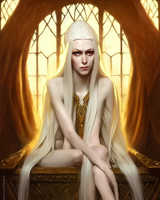 Prompt: tall slender elven queen sitting on the throne, full body, long white hair, pale skin, golden coloured eyes | | realistic shaded, fine details, fine - face, realistic shaded lighting poster by greg rutkowski, magali villeneuve, artgerm, jeremy lipkin, michael garmash, rob rey