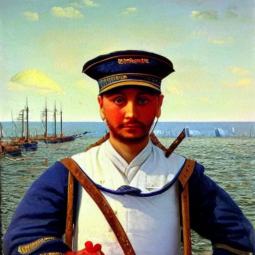 Image similar to painting of sailor boy hyperrealism vasily vereshchagin at harbor