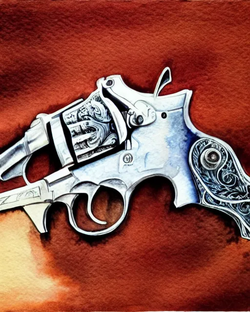 Image similar to realistic detailed revolver, watercolor, western, high production value, intricate details, high resolution, hyperrealistic, hdr, high definition, masterpiece, ultra realistic, highly detailed, hd, sharp focus, cinematic lighting, shaded, non blurry, sharp, smooth