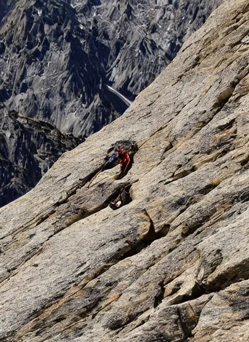 Image similar to telelens shot of a mountain climber free soloing a very steep mountain made up entirely out of french fries, sports photo,