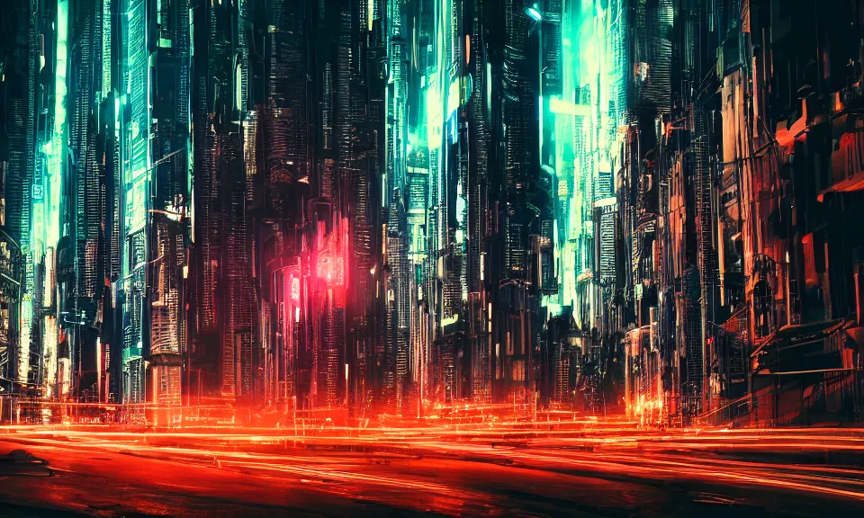 Image similar to photo of a cyberpunk city at night, long exposure photograph, light streaks, lens flare, 4k, grainy