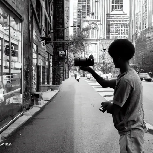 Prompt: young male taking photographs in pittsburgh real life, black and white, 1 9 7 0 s, 8 k, 4 k uhd, realistic, hyper realistic, super detailed, very detailed, detailed