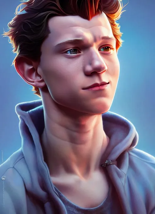 Image similar to cute tom holland, natural lighting, path traced, highly detailed, high quality, digital painting, by don bluth and ross tran and studio ghibli and alphonse mucha, artgerm