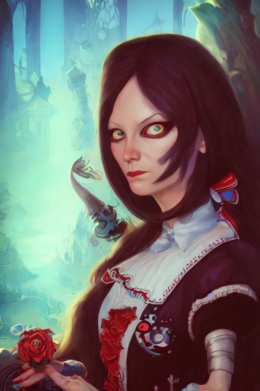 Image similar to portrait of american mcgee's alice, sharp focus, artstation, trending, by julie dillon, luis melo, tyler miles lockett, lei jin, hong lei, ken wong, adam narozanski, joy ang