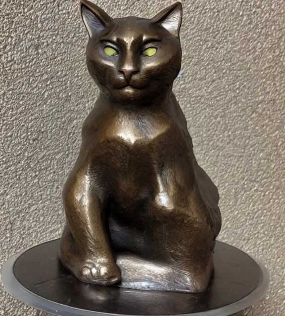 Image similar to a 4 k photorealistic photo medium shot of a bronze statue of a cat.