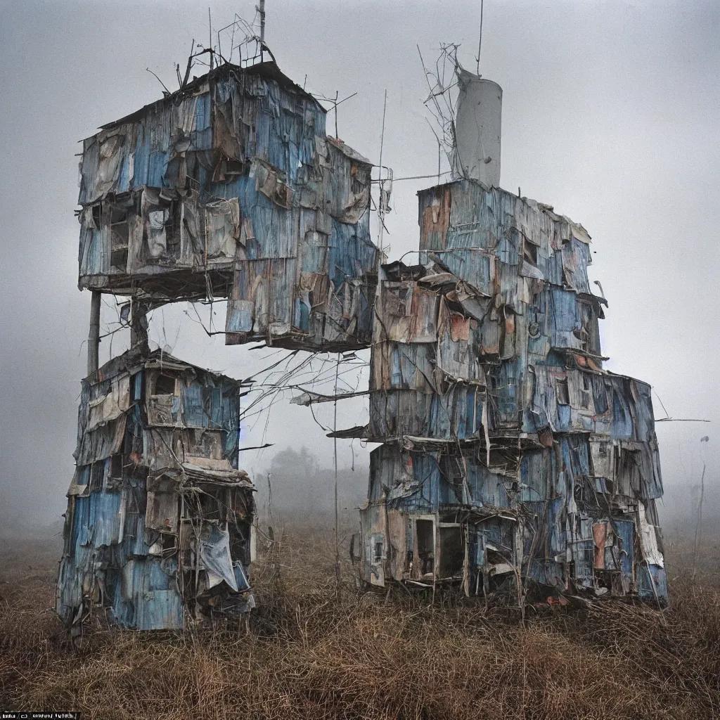 Prompt: close - up view of a tower made up of makeshift squatter shacks with faded colours, moody cloudy sky, uneven fog, dystopia, mamiya, fully frontal view, very detailed, photographed by bruno barbey