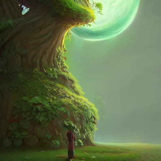 Prompt: ilustration a tree with green roses growing in the center, characterized by roman shipunov, etienne hebinger, atey ghailan, cgsociety, fantasy art, 2 d game art