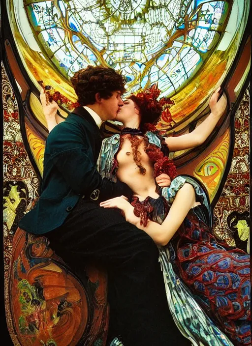 Image similar to detailed colourful masterpiece of art nouveau photography by anne leibovitz couple portrait sat down extreme closeup, love, inside an underwater train, detailed realistic expressions, wearing unusual clothes, by william powell frith frederic leighton and john william waterhouse, ultra wide angle