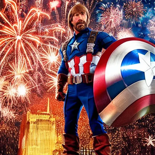 Image similar to uhd hyperdetailed candid photo of cosmic chuck norris dressed as captain america, wearing extremely intricate costume. fireworks in background. photo by annie leibovitz