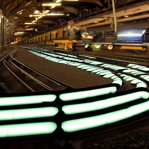 Prompt: train rails from the movie tron : legacy