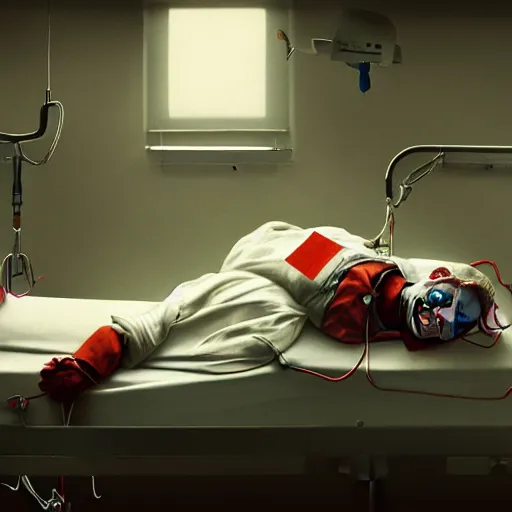 Image similar to hysterical and crazy clown lying in hospital bed with wrist restraints on, restraints straps attached to hospital bed siderails, greg rutkowski, photograph, 8 k