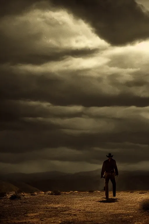 Image similar to cinematic of liam neeson cowboy, dramatic, moody lighting