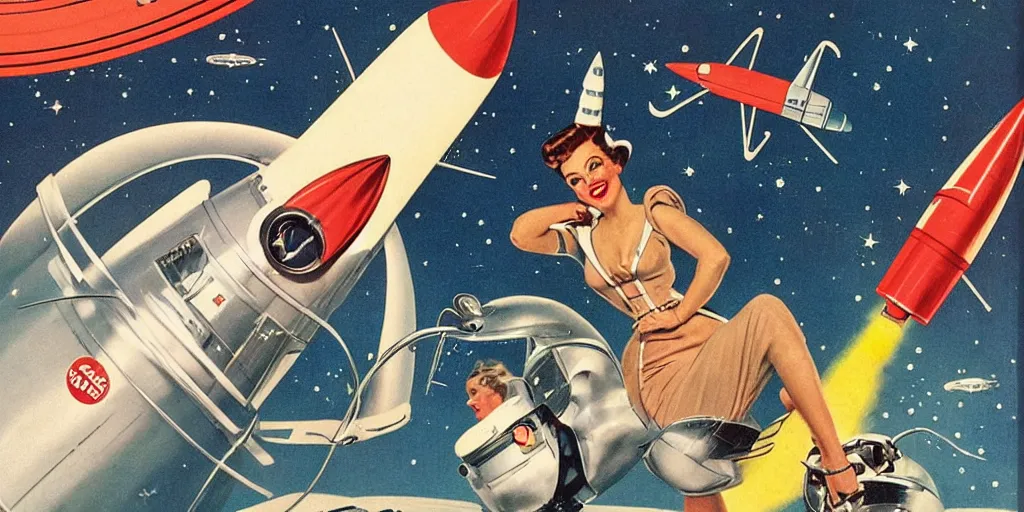 Prompt: Retro Sci-Fi. Women in the space suit riding a retro rocket in space. 1950s illustration. Sci-Fi. Pinup. Women in the space suit riding a retro rocket in space. Norman Rockwell