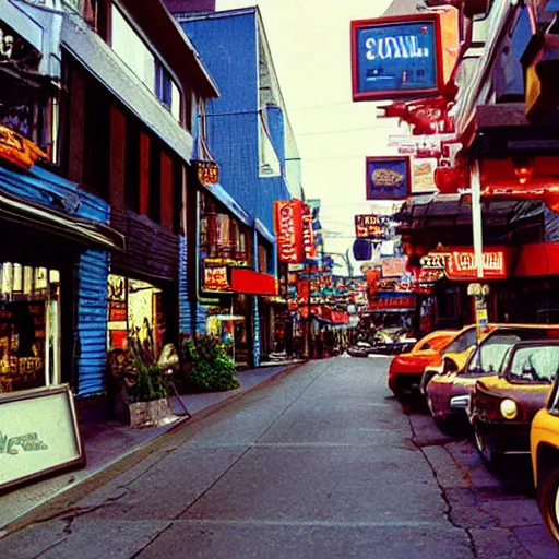 Prompt: award winning photo by fred herzog of a street in vancouver, shops, signs