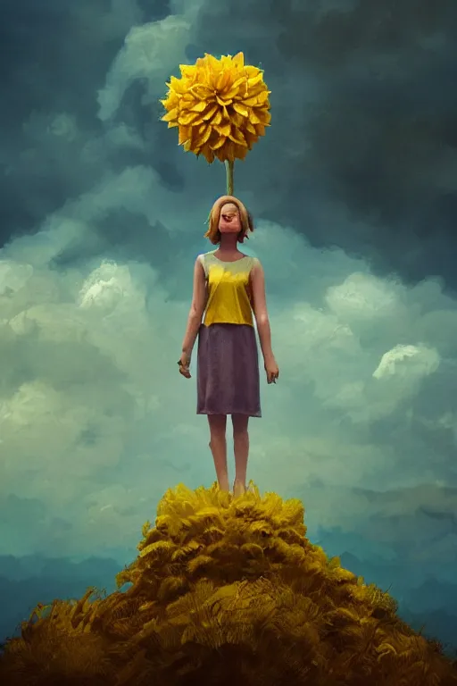 Image similar to closeup girl with huge yellow dahlia flower face, intricate, standing on mountain, surreal photography, blue storm clouds, dramatic light, impressionist painting, digital painting, artstation, simon stalenhag