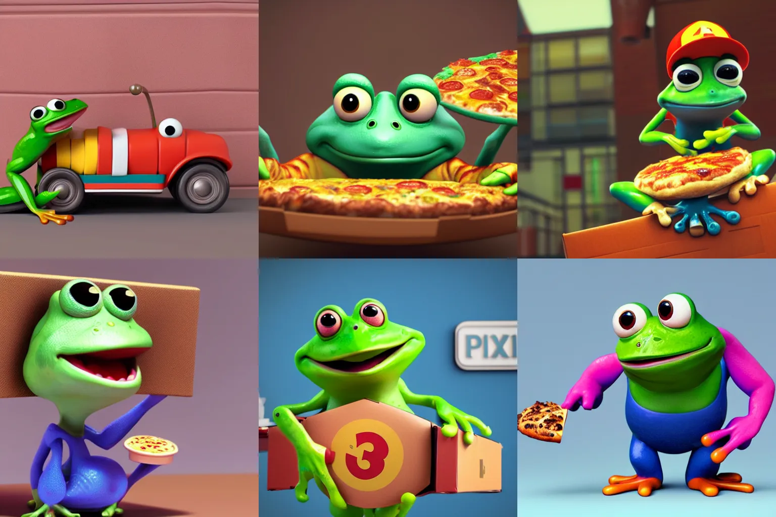 Prompt: cute 3d Pixar render of a frog delivering pizza, colorfull, octane, vray