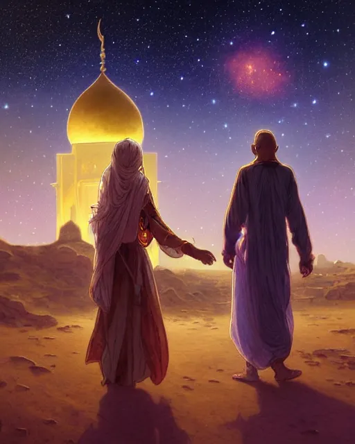 Image similar to bedouin man and woman and child in galaxy walking towards mosque surrounded by nebula, highly detailed, gold filigree, romantic storybook fantasy, soft cinematic lighting, award, disney concept art watercolor illustration by mandy jurgens and alphonse mucha and alena aenami, pastel color palette, featured on artstation