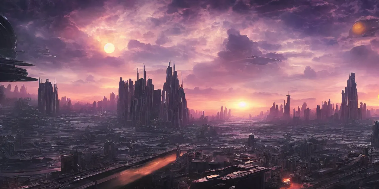 Image similar to sifi - ci city sunset, planets in the sky by dylan cole, matte painting with high detail, ground level, sci - fi star wars megacity with dramatic lighting and dramatic sky, 4 k, cinematic cinematography.