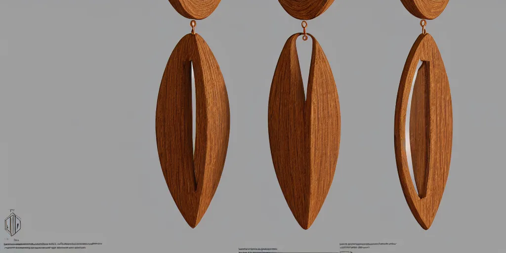 Image similar to earring design, jewelry design, wood, art deco, elegant, nordic, material, product design, trending on artstation, cgsociety, photo realistic, design by ziva cph and isabel lennse, 8 k, unreal engine, c 4 d