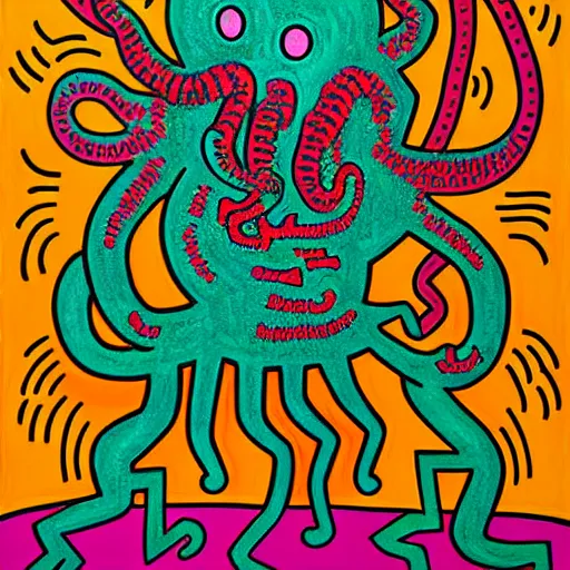 Image similar to detailed painting of cthulhu, by keith haring and junji ito