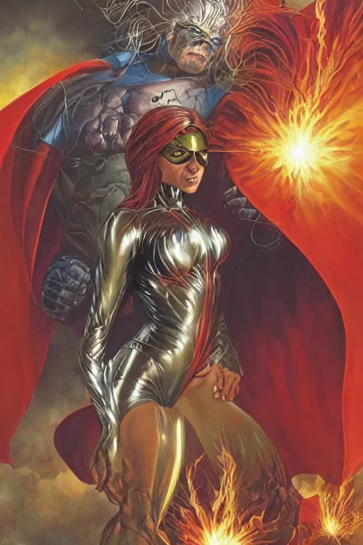 Prompt: a superhero called the flare. art by tomasz alen kopera and glenn fabry and alex ross.