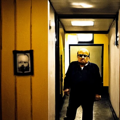 Prompt: danny devito in the backrooms, liminal space, scary, yellow, cinematic camera