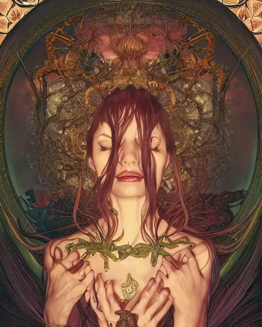 Image similar to centered portrait of a angry rotten beautiful female growing ornamentation all around, ornate, ornaments, detailed, symmetrical, elegant, beautifully soft lit, by wayne barlowe, peter mohrbacher, kelly mckernan, alphonse mucha