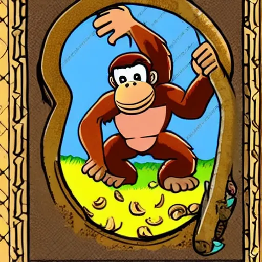 Prompt: Donkey Kong slips on a banana with a bunch on his arms, medieval text book art