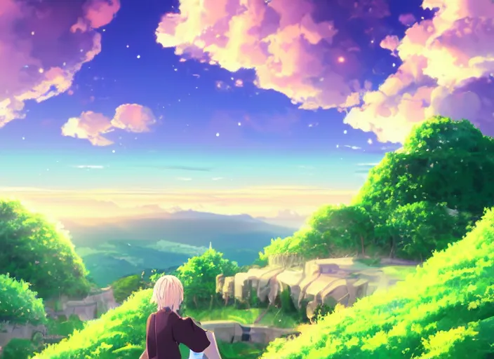 Prompt: very high quality illustration of green hills with clouds in the background, golden hour sunset, purple beautiful sky, cute anime girl with platinum blonde hair and big eyes, close to foreground, anime key visual, official media, illustrated by wlop, extremely detailed, 8 k, trending on pixiv, cinematic lighting, beautiful