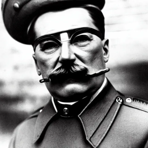 Image similar to josef stalin wearing big steampunk googles, photo by gustave baumann