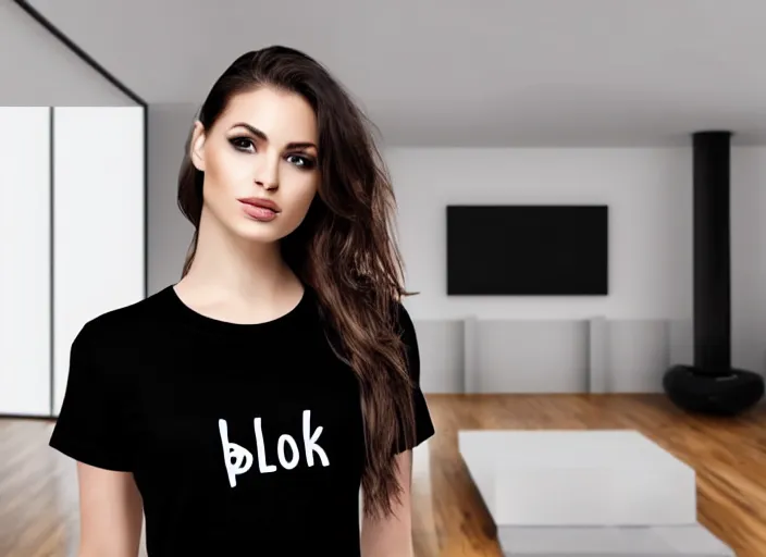 Image similar to clear photorealistic mockup product photograph of a blank black tshirt on an attractive female model in front of a livingroom!! background