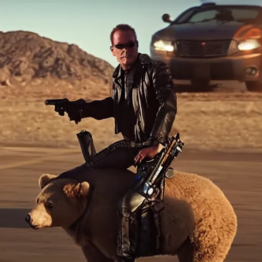 Image similar to a terminator android dressed as a cowboy while riding a bear, 8 k, movie still, high detail