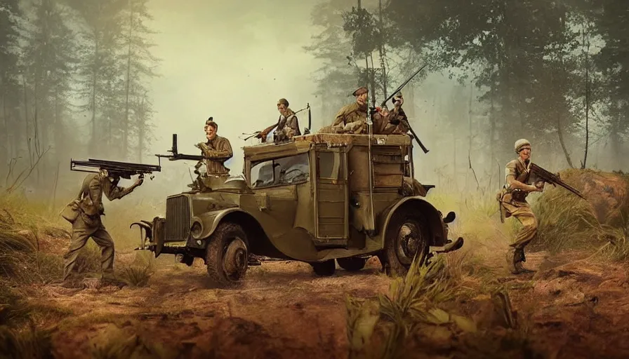 Prompt: British soldiers with a Lewis gun armed truck in 1921 in kerala forest road, tribe members attacking, action scene, an epic fantasy, dramatic lighting, cinematic, establishing shot, extremely high detail, photorealistic, cinematic lighting, artstation, matte painting by simon stalenhag, horizon forbidden west