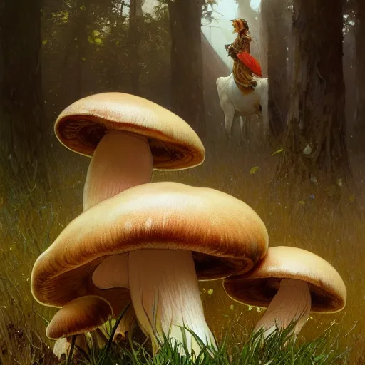 Prompt: photo of a many mushrooms sprouting from a cow's back. highly detailed, digital painting, artstation, smooth, sharp focus, masterpiece, illustration, art by greg rutkowski and alphonse mucha