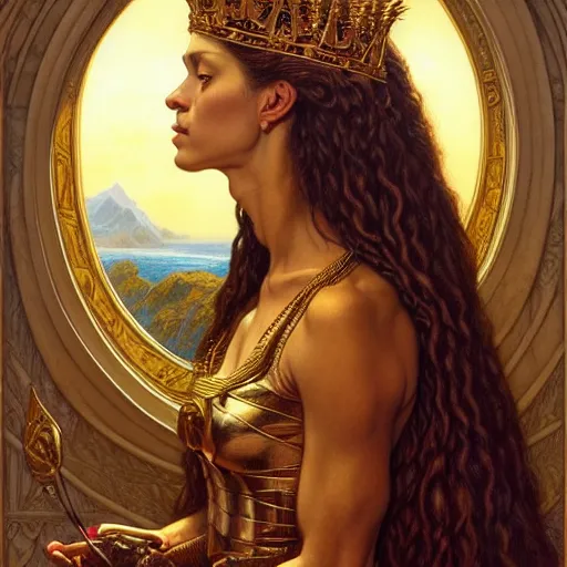 Image similar to highly detailed portrait of a majestic lioness queen in the form of a beautiful woman. d & d, art by donato giancola and evelyn de morgan and eugene delacroix and frank frazetta. trending on artstation, intricate details, energetic composition, golden ratio, concept art, illustration, elegant art, global illuminaition