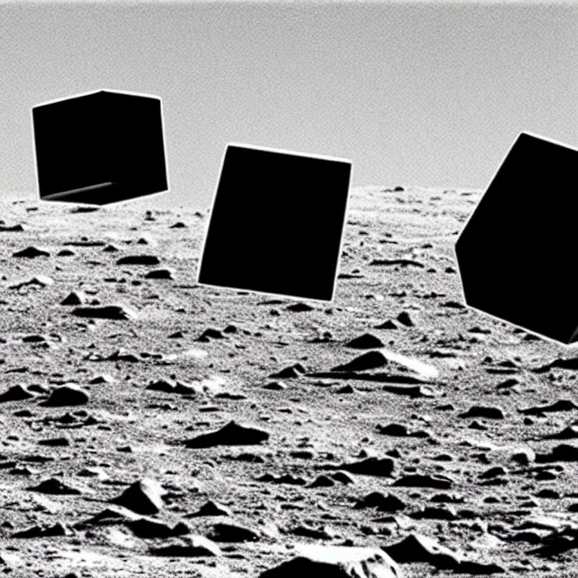 Image similar to huge, moon sized black and white cubes floating in the atmosphere. old polaroid image from the surface of the earth looking up