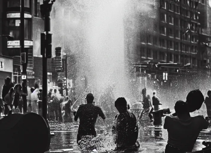 Image similar to a 3 5 mm photo from the back of people playing in splashing water from an open fire hydrant in the streets of new york city in the 1 9 6 0 s, bokeh, canon 5 0 mm, cinematic lighting, dramatic, film, photography, golden hour, depth of field, award - winning, 3 5 mm film grain