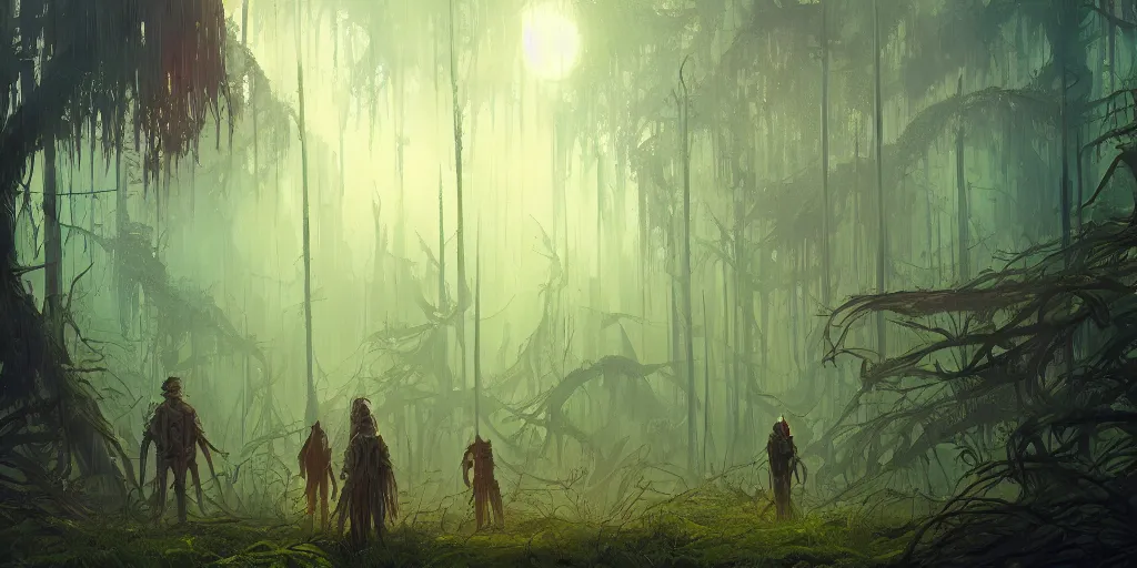 Image similar to reed - people in futuristic spiritual mystical post apocalyptic swampy forest drawn by ron gilbert, dim painterly volumetric aquatic lighting, scenic, beautiful, crisp, artstation, highly detailed