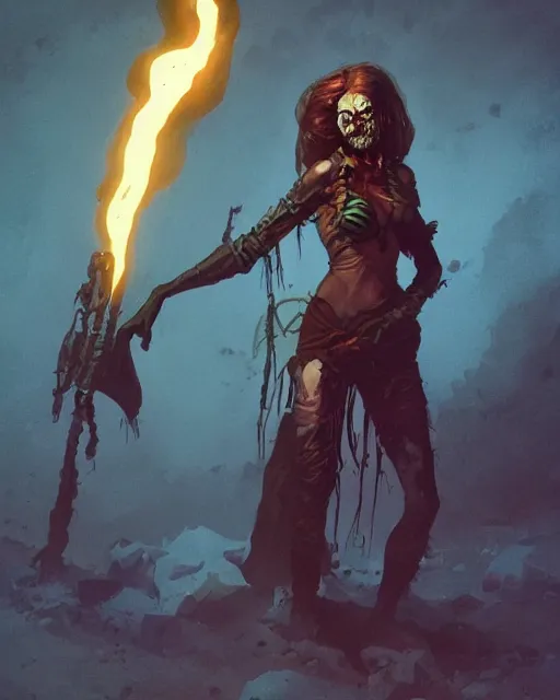 Image similar to hyper realistic photo of postapocalyptic sorceress, full body, horror, cinematic, artstation, cgsociety mignola, brom