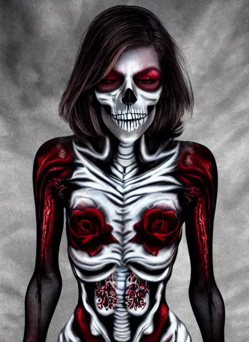 Image similar to beautiful blonde female necromancer who looks like mila jovovich wearing skeleton bodypaint, skull facepaint, and a crimson skirt, hyper realistic digital illustration, hd, intricate, depth of field, soft lighting, elegant, character design