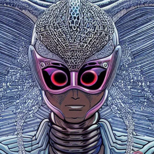 Image similar to close up portrait of the masked cyber archangel, intricate, highly detailed, masterful, in the style of moebius, akira toriyama, jean giraud