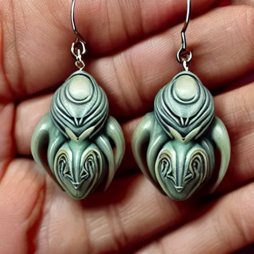 Prompt: gigers alien creature of prometheus artnouveau earrings