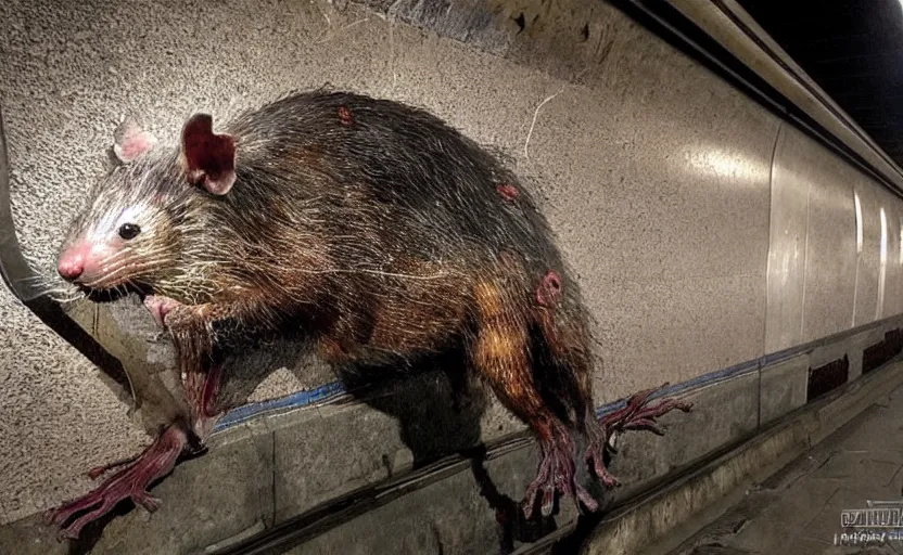 Image similar to very large giant zombie rat on railways in tonnel of moscow metro. extreme high detail. low dark light, scary atmosphere