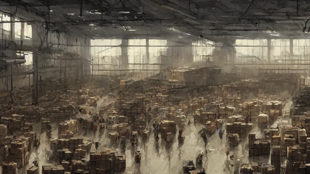 Prompt: interior of a warehouse filled with boxes, watercolored, jakub rozalski, dark colours, dieselpunk, artstation