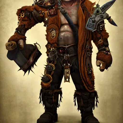 Image similar to portrait of a muscular, bald orc mechanic, wearing a heavy brown leather coat, wielding a wrench, tusks, steampunk setting, gears, airship, Warcraft character, dramatic lighting, high detail, digital art