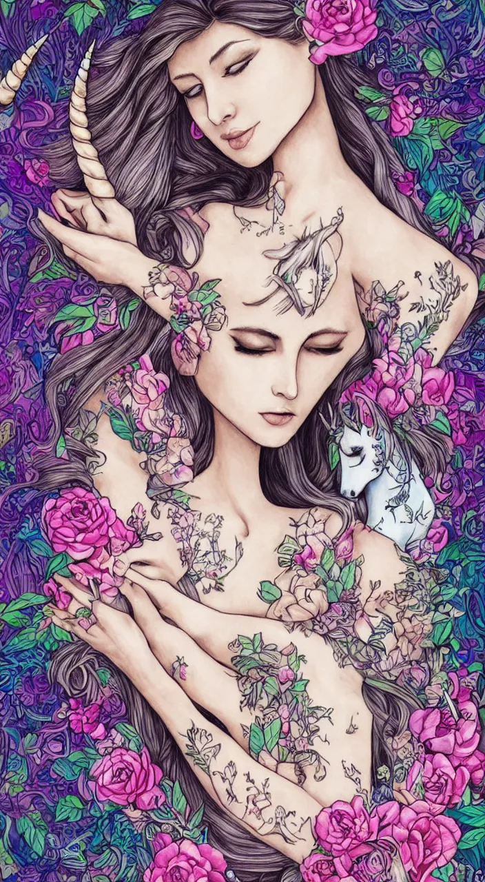 Prompt: beautiful woman with large tattoo of unicorn, intricate, flowers, mythical, detailed, digital painting