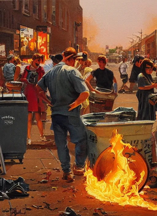 Prompt: people staring into a burning trashcan, an ultrafine detailed painting by john philip falter, austin briggs, cg society, american scene painting, dystopian art, american realism, academic art