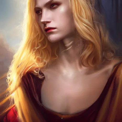 Prompt: majestic gracious regal aristocratic blonde female vampire portrait, atmospheric lighting, painted, soft rim light, menacing, intricate, volumetric lighting, beautiful, rich deep colours masterpiece, golden hour, sharp focus, ultra detailed, by leesha hannigan, ross tran, thierry doizon, kai carpenter, ignacio fernandez rios