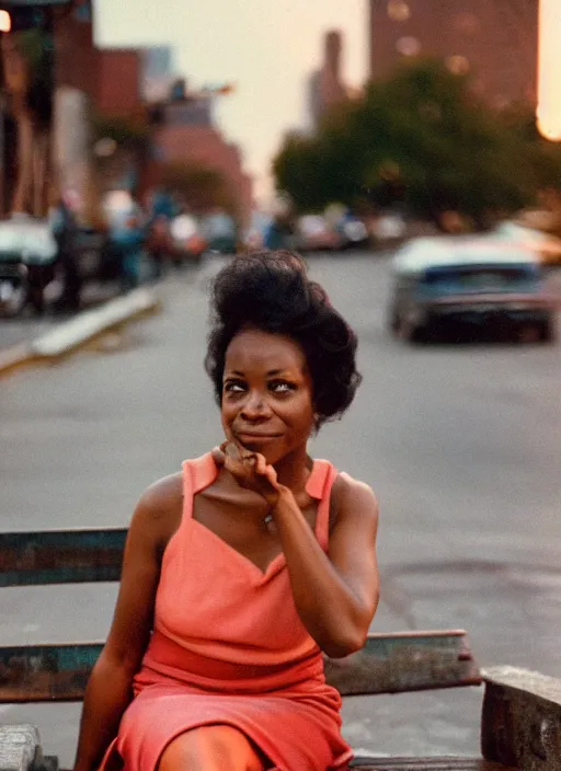 Image similar to a 35mm photograph of a woman sitting on a bench in Harlem, New York City in the 1960's at sunset, bokeh, Canon 50mm, cinematic lighting, photography, retro, film, Kodachrome, award-winning, rule of thirds, golden hour