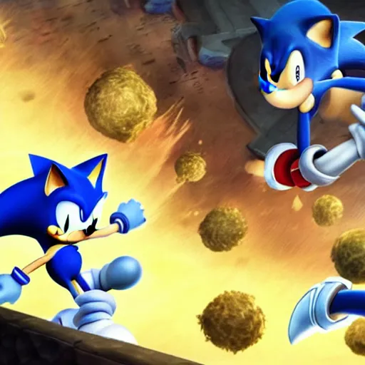 Prompt: Screenshot of gameplay of League of Legends, Sonic vs Nasus on top lane